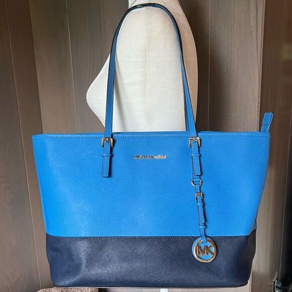 MICHAEL KORS Saffiano Leather Shoulder Bag Tote Blue - Picture 1 of 14